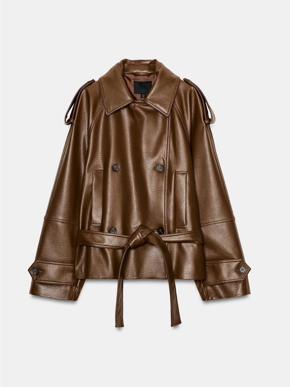 Zara Brown Faux Leather Double-Breasted Belted Jacket